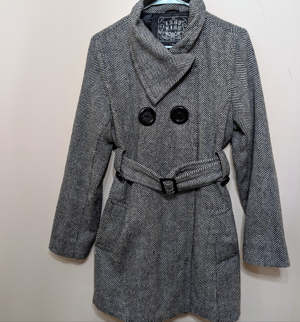 last kiss Black & White Herringbone Belted Trench Coat